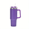 A purple insulated stainless steel tumbler with a handle and straw.