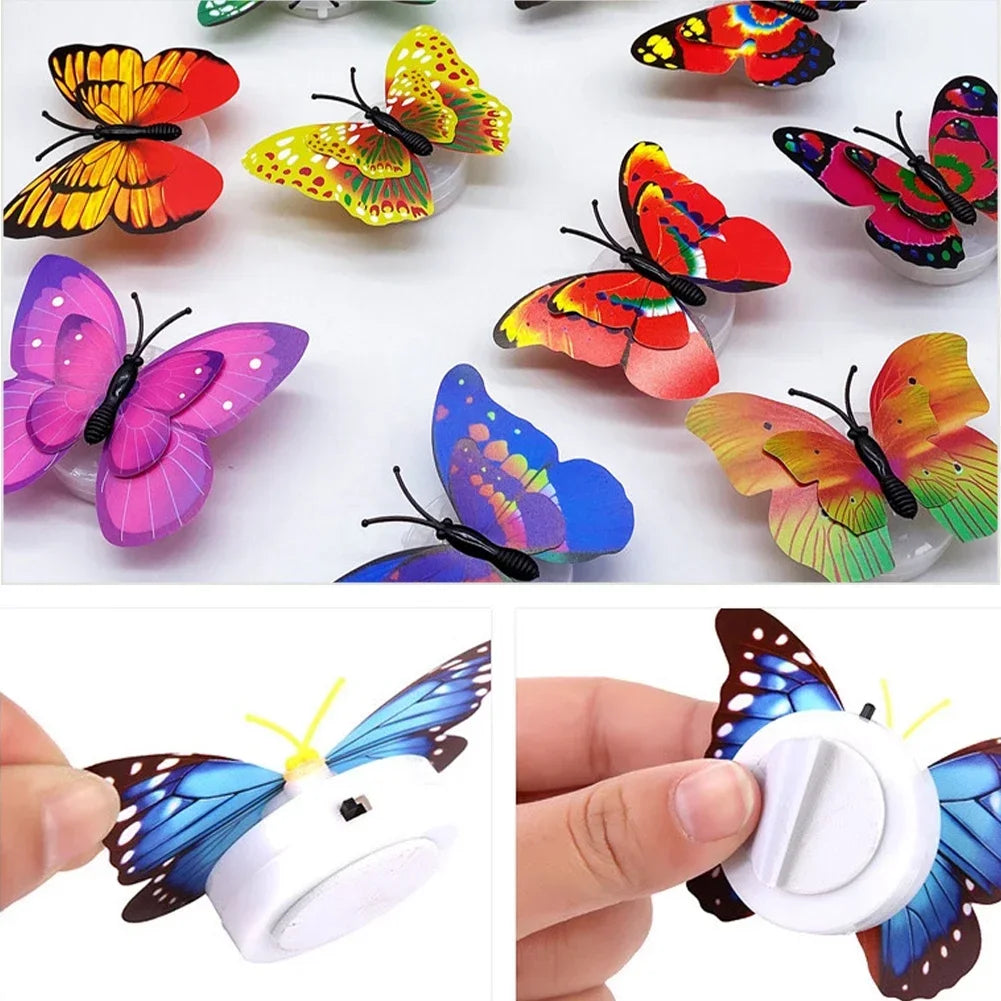 A collection of luminous 3D butterfly wall lights in various colors and patterns.