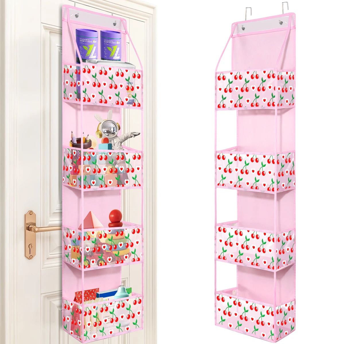 Pink over-the-door fabric storage organizer with multiple pockets for organizing small items