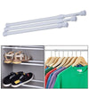 Silver adjustable telescopic curtain rods shown in various lengths and a rack displaying clothing.
