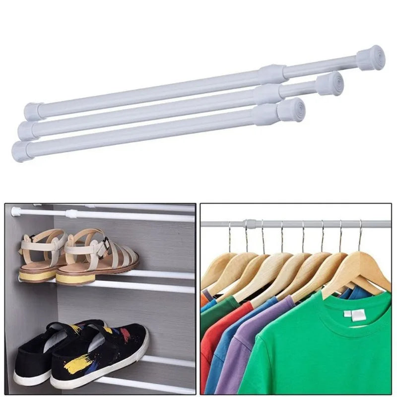 Silver adjustable telescopic curtain rods shown in various lengths and a rack displaying clothing.