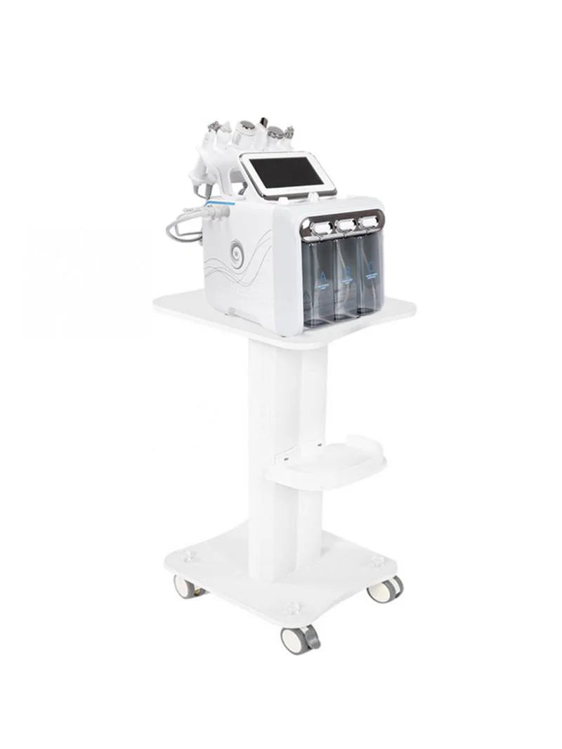A white portable beauty trolley cart with a built-in product display and various tools.