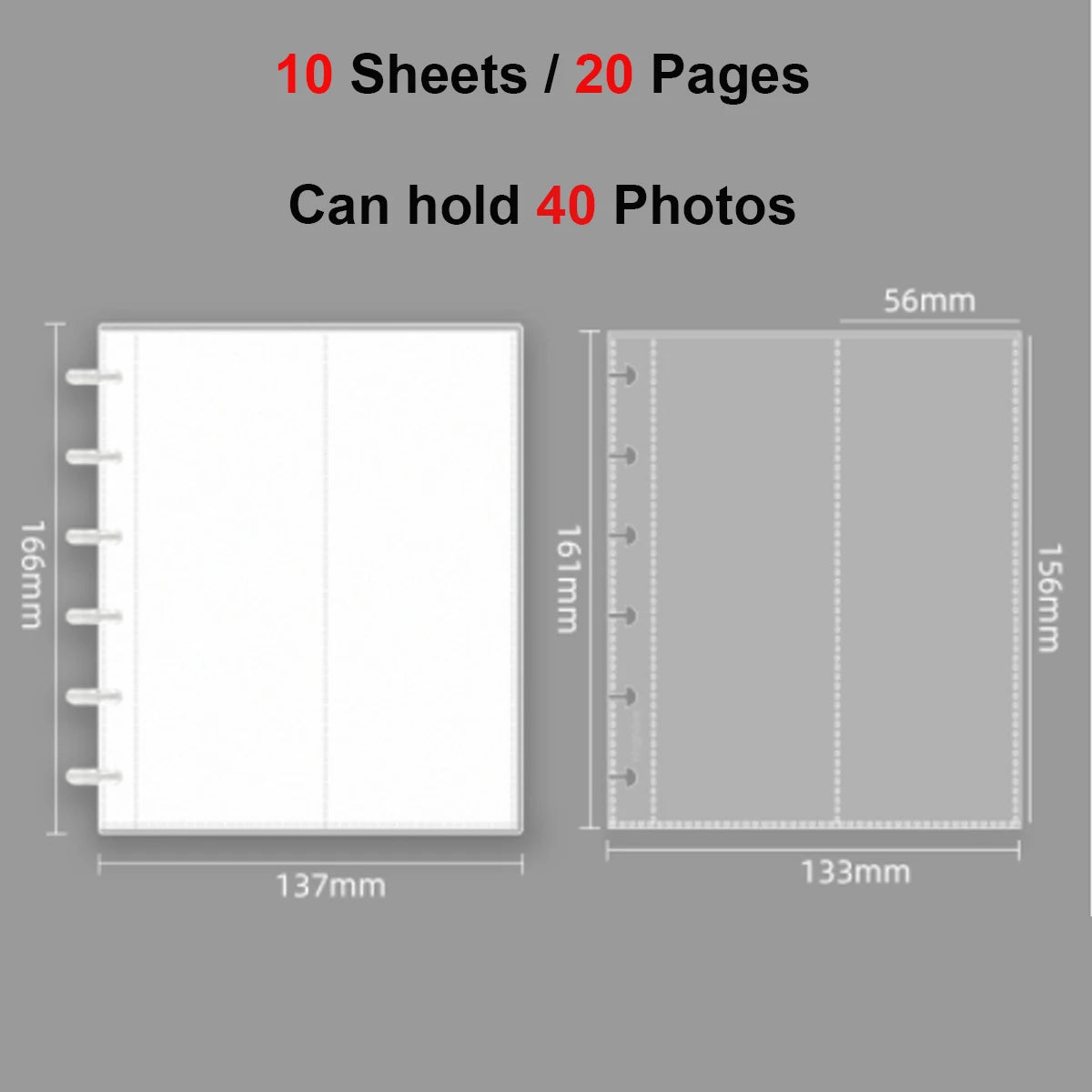 A set of 10 sheets or 20 pages for photo booth frames, showing dimensions and capacity.
