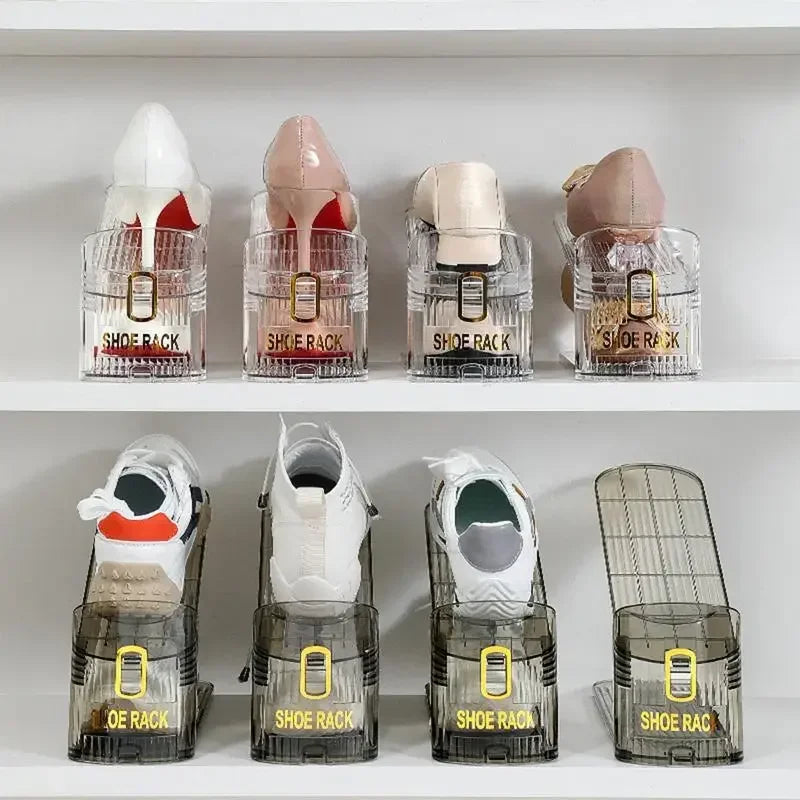 A collection of clear plastic shoe racks and organizers for shoes displayed on white shelves.