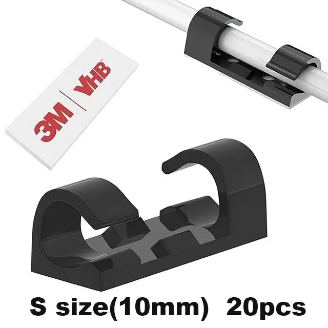 Black heavy duty self-adhesive cable clips in S size (10mm) quantity 20 pieces