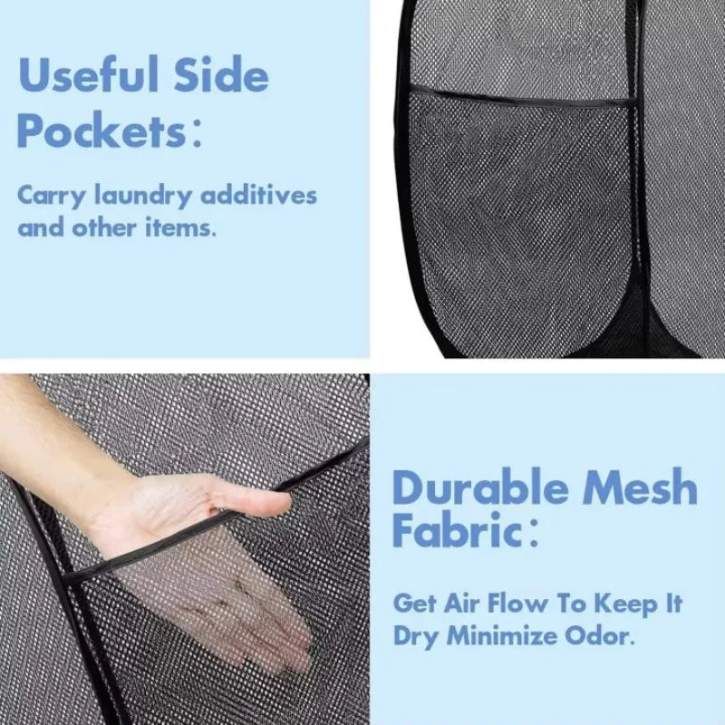 A close-up view of a black mesh laundry basket showing side pockets and durable fabric designed for air flow.