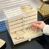 A clear acrylic 5-tier desktop jewelry organizer rack holding various gold and silver bracelets and rings.