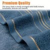 Close-up of a blue bath towel with gold stripes showing its fluffy texture.