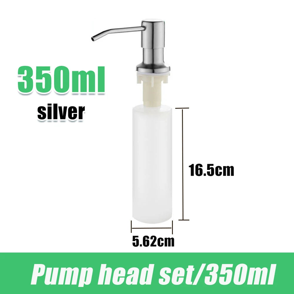 Silver pump head set for a 350ml under-sink soap dispenser with an extension tube.