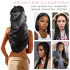 Black satin sleep bonnet suitable for all hair types shown on a model's head
