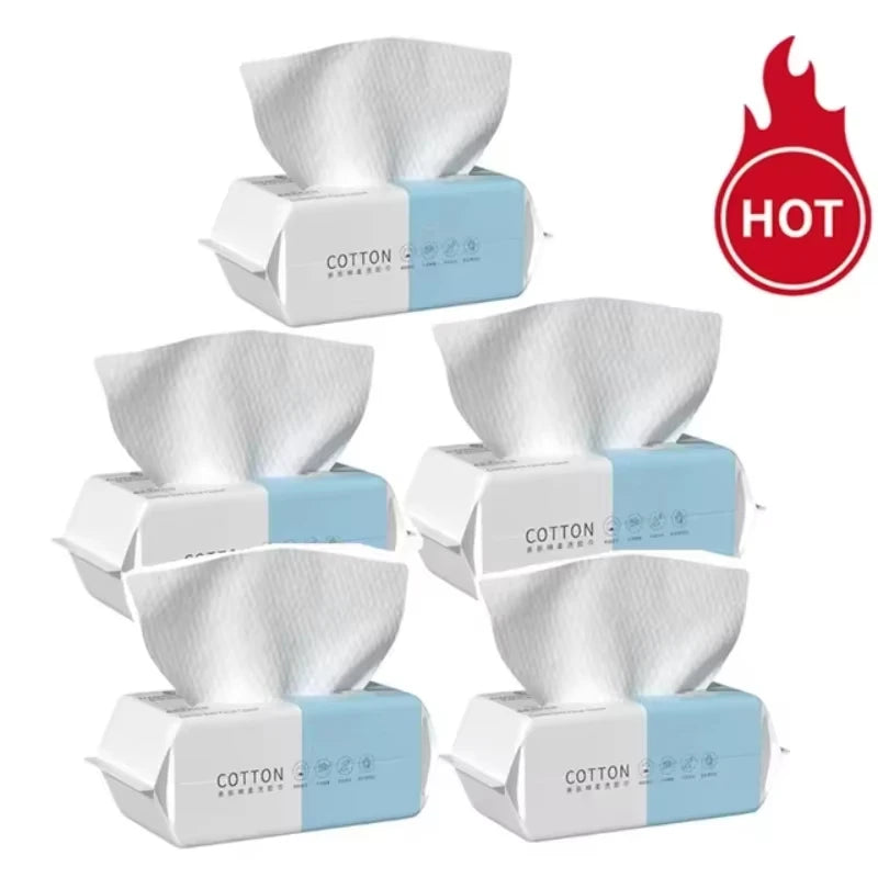 Pack of disposable cotton facial wipes with a flame icon indicating heat resistance