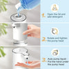 Diagram showing the three steps to use a touchless electric soap dispenser: open lid, rotate and tighten the pump head, and p