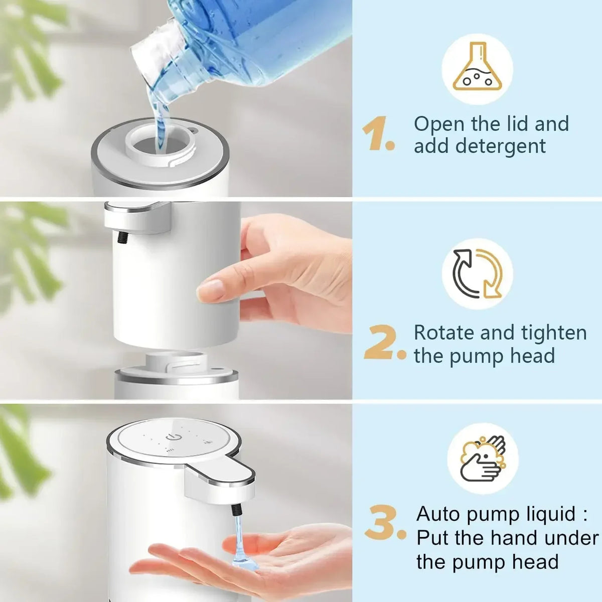 Diagram showing the three steps to use a touchless electric soap dispenser: open lid, rotate and tighten the pump head, and p