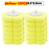 Twelve yellow disposable toilet cleaning foam sponges measuring 5.5 by 5.5 cm.