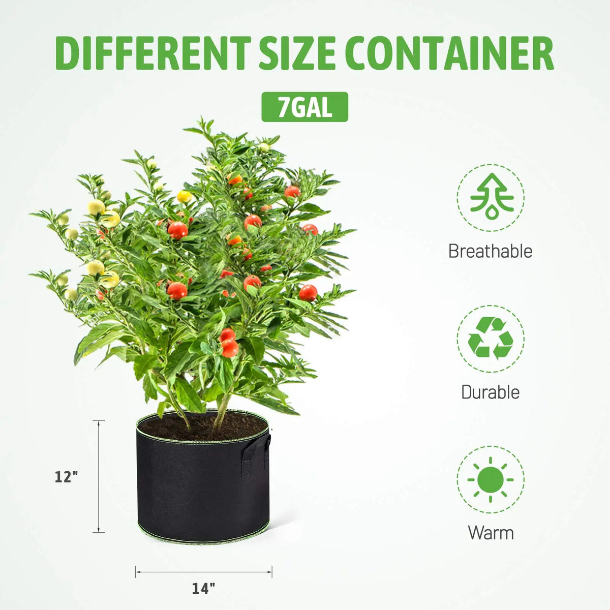 A 7-gallon plant grow bag filled with green foliage and red fruit, showing its size and features.