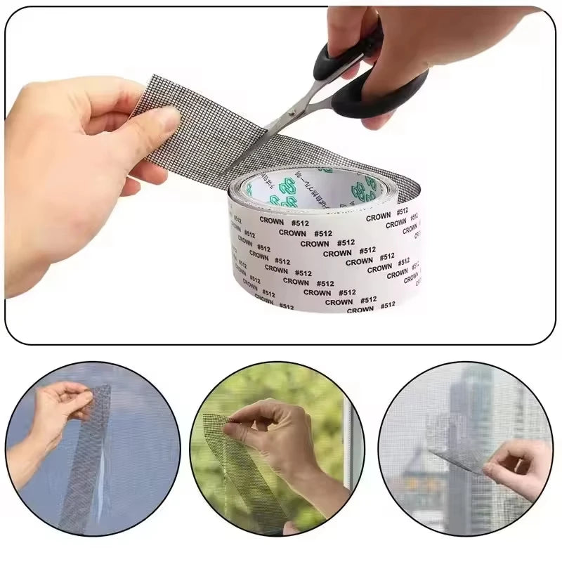 Hands are using scissors to cut and apply heavy duty waterproof window screen repair tape on a window.