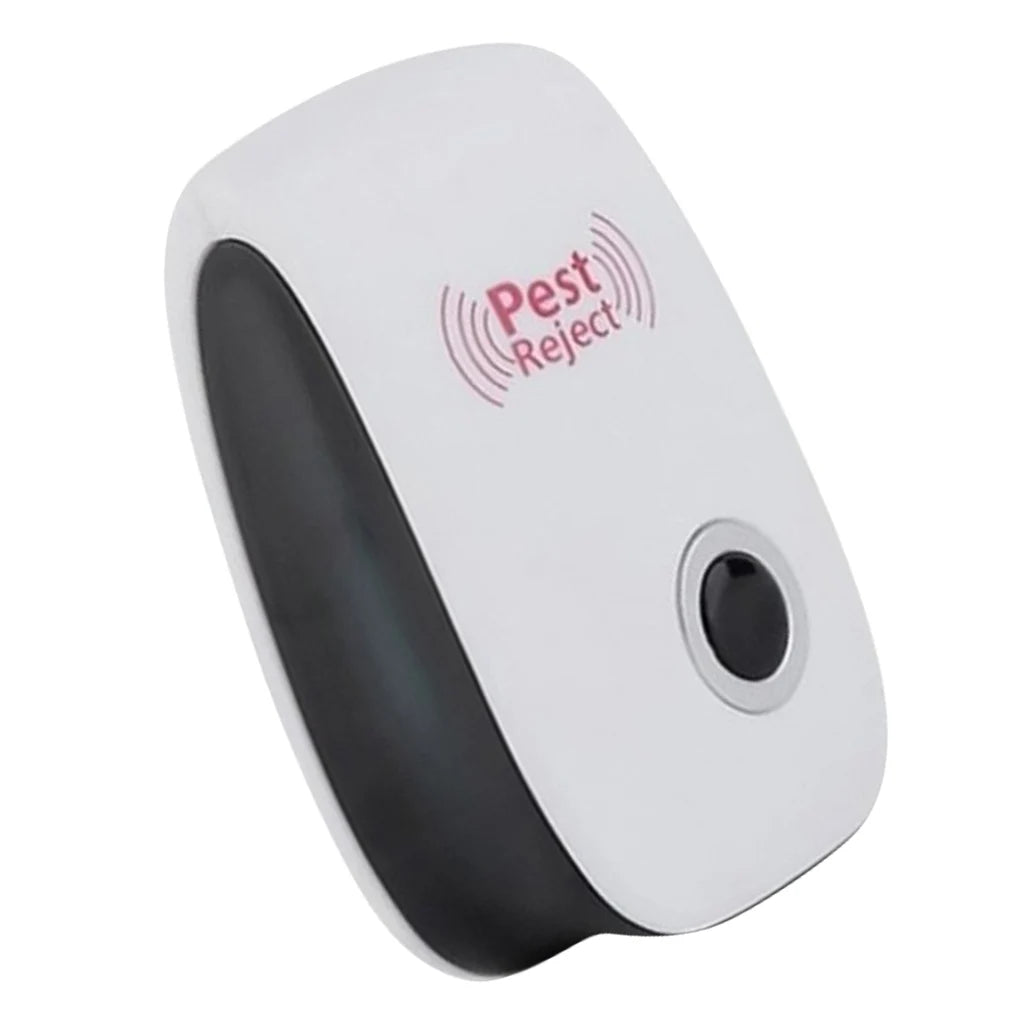 A white ultrasonic pest repeller device with a black grip and a red wave symbol labeled Pest Reject.