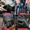 A collection of black heavy duty disposable nitrile gloves used in various industries like oil, car repair, DIY work, and mac