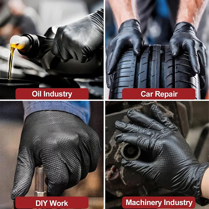 A collection of black heavy duty disposable nitrile gloves used in various industries like oil, car repair, DIY work, and mac