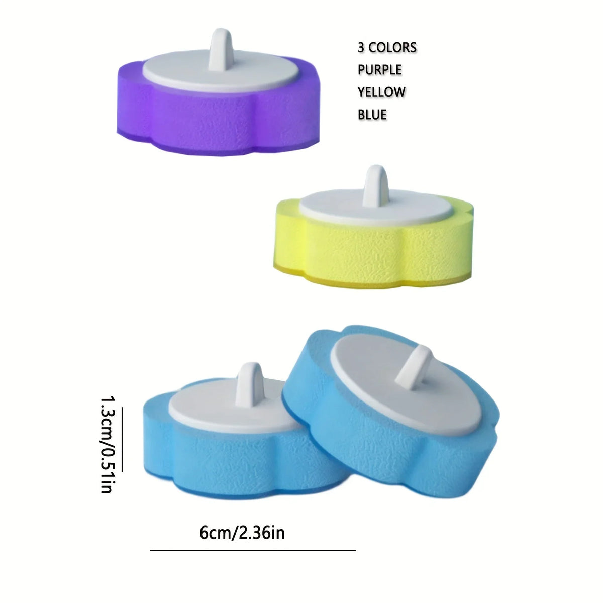 Disposable toilet brush set shown in purple, yellow, and blue colors with long handles.