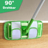 A green microfiber mop with a 90 degree drehbar is shown resting on a green cleaning pad.