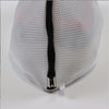 White mesh laundry bag with a black zipper closure shown from the top view.