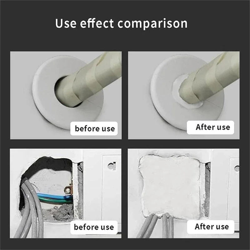 Comparison images showing the before and after use of Universal Pipe and Wall Hole Sealant Clay.