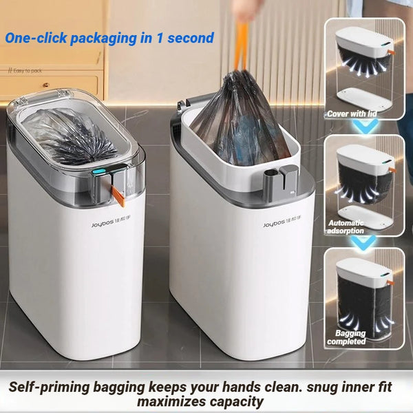 A white automatic sensor trash can with a clear lid and an inner bag is shown, demonstrating one-click packaging.