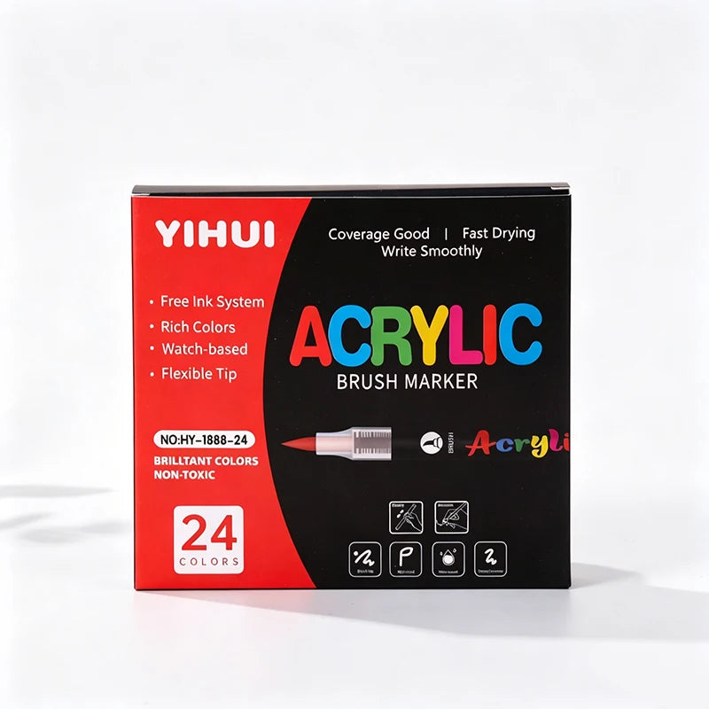 A box of YIHUI Acrylic Brush Markers featuring 24 colors and a soft tip applicator.