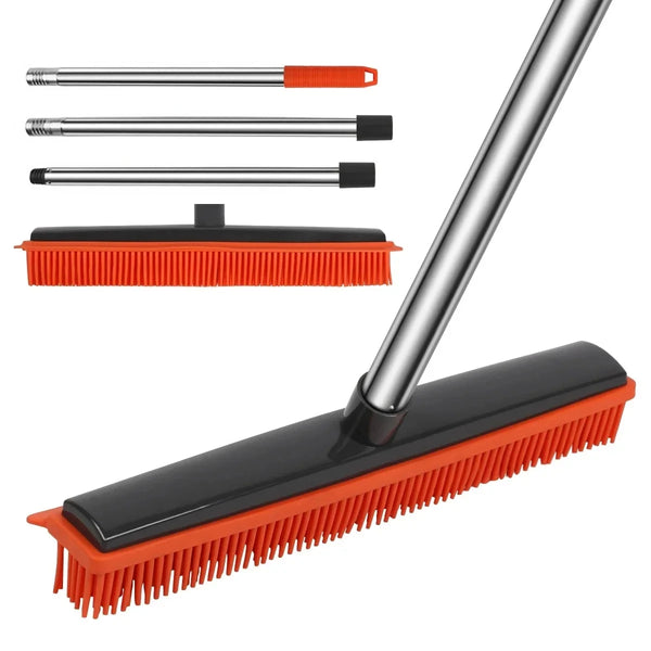 An adjustable rubber broom with a squeegee for pet hair and carpet cleaning, shown with various sizes.