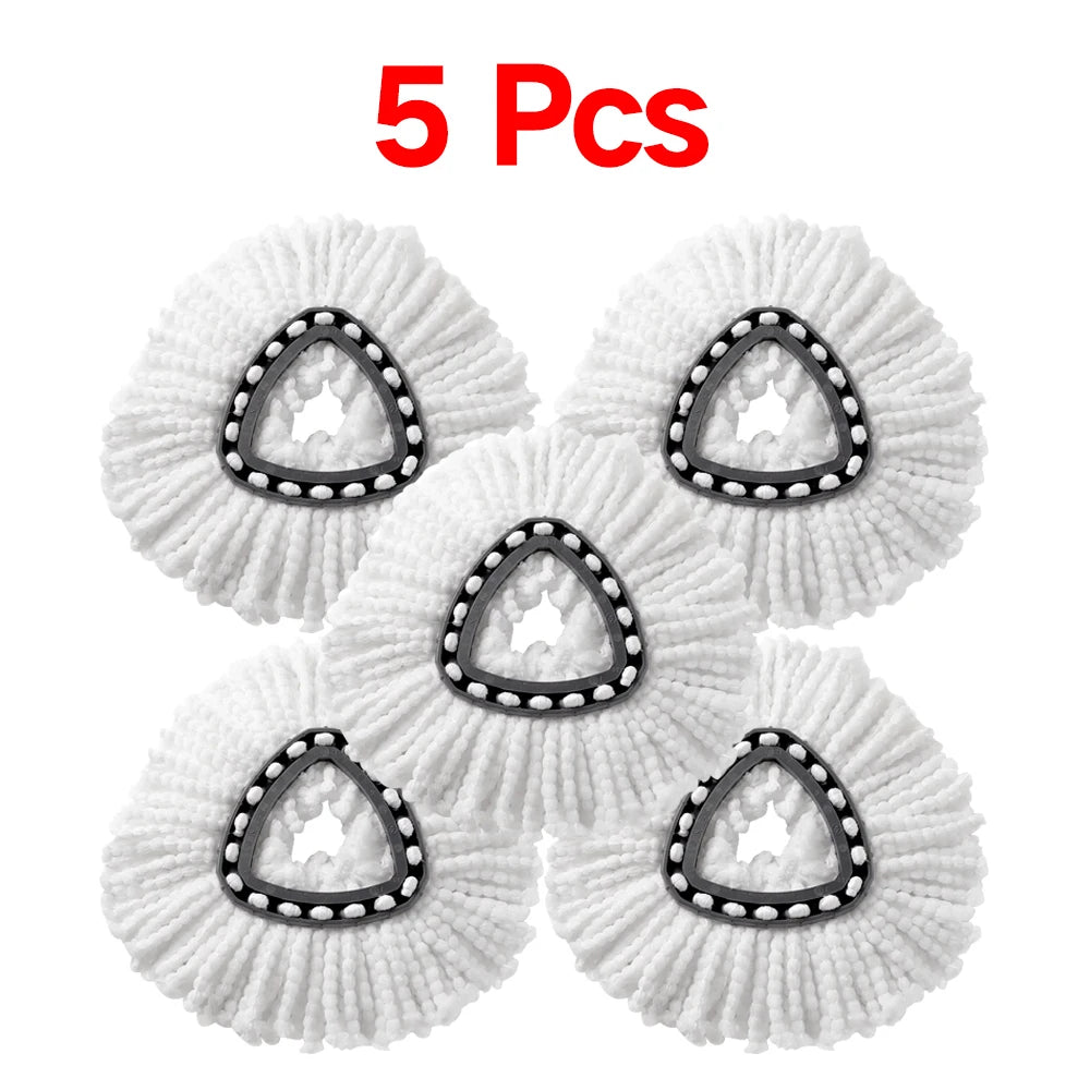 Five white microfiber replacement mop heads are displayed, showing the texture and design of the cleaning cloths.