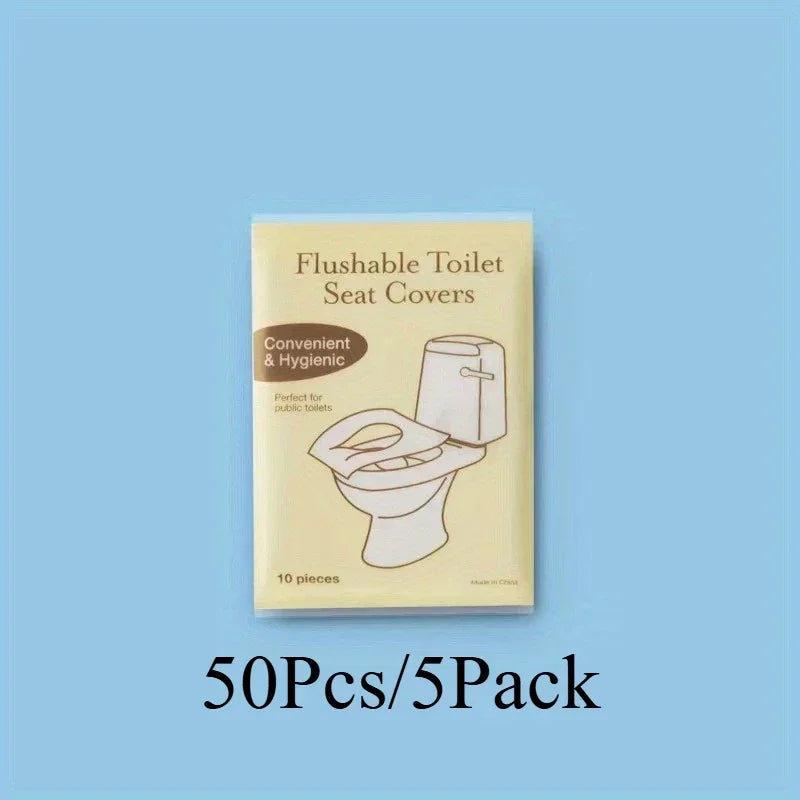 A package of 10 disposable toilet seat covers for public toilets.
