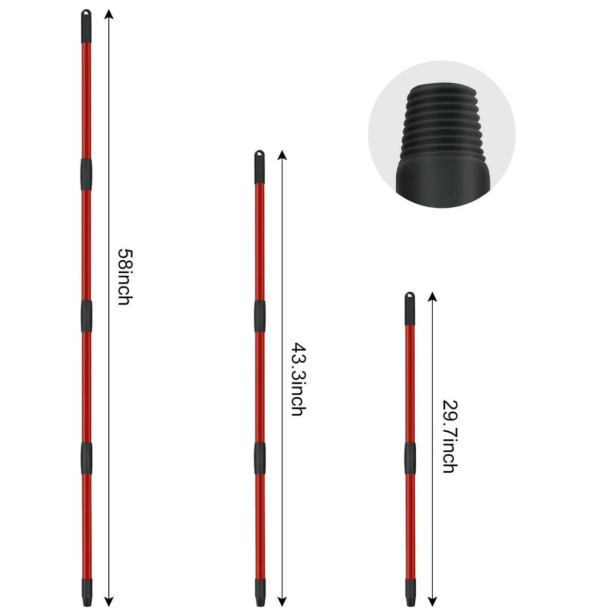 A set of universal mop handle and base components shown with various length options.