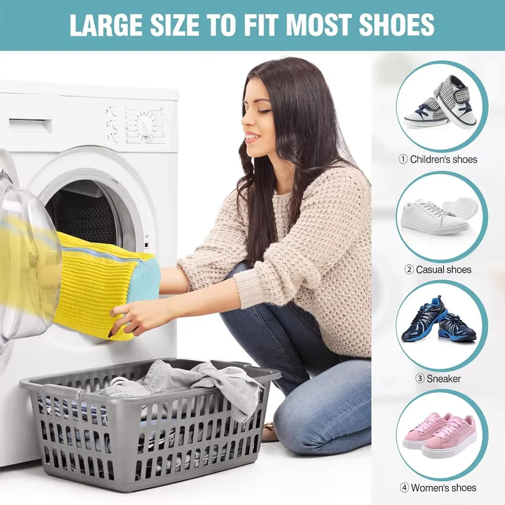 A woman is shown using a large mesh shoe wash bag to clean shoes, with various shoe types displayed nearby.
