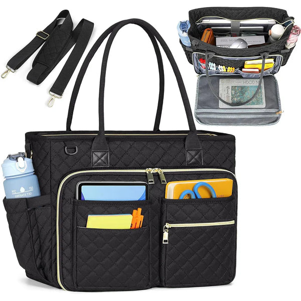 A black laptop work tote bag with multiple compartments and a separate pouch for accessories is shown.