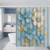 A shower curtain featuring a floral pattern of blue and cream peonies with gold accents.