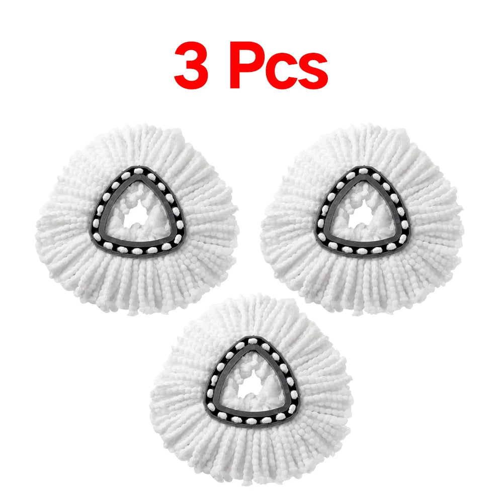 Three white microfiber replacement mop heads with black trim
