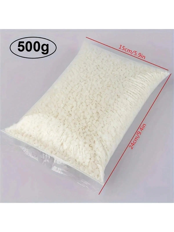 A bag of 500g natural soy wax candle making material, appearing as white, fluffy flakes.