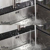 Close-up comparison showing water flow before and after using a large silicone kitchen sink drain mat.