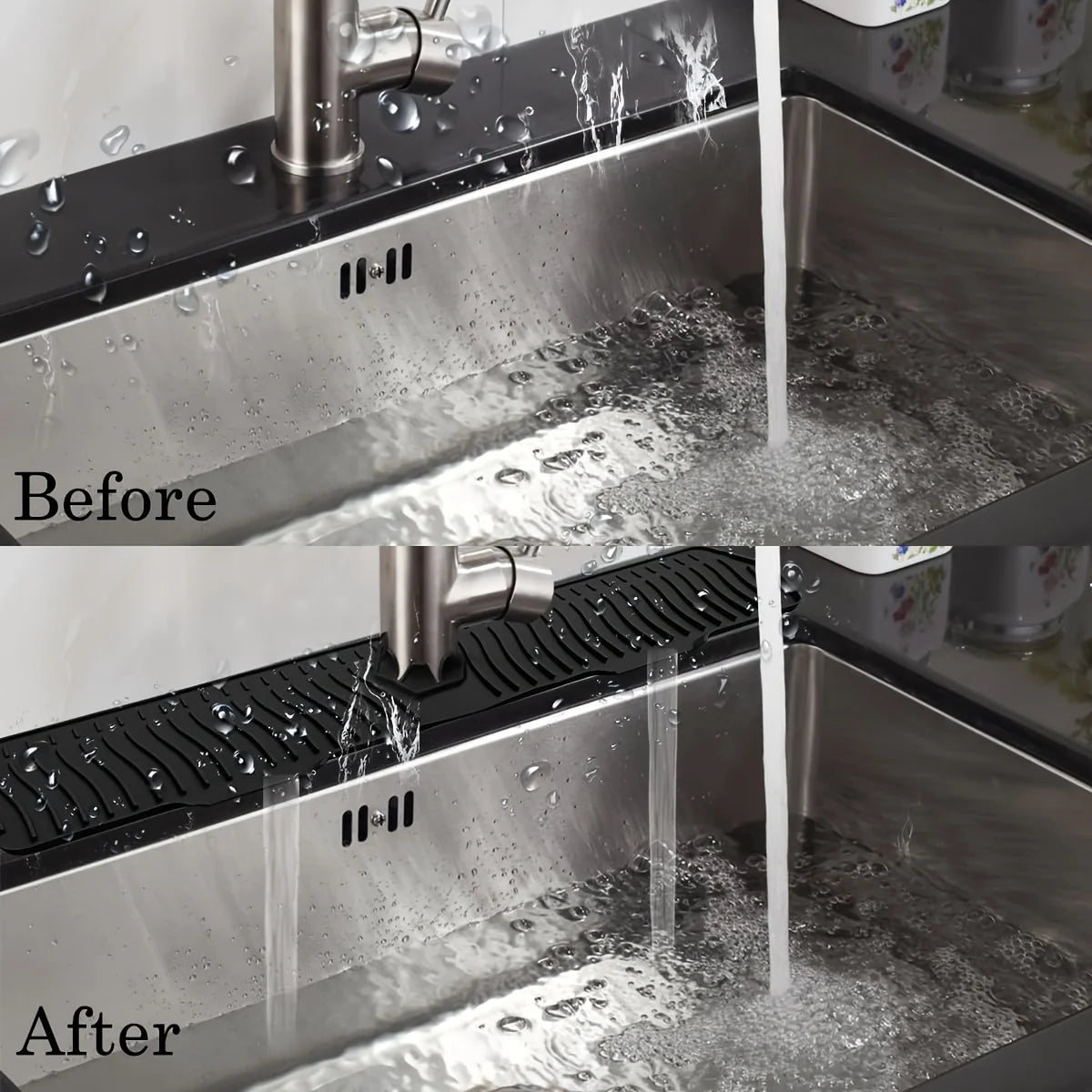 Close-up comparison showing water flow before and after using a large silicone kitchen sink drain mat.