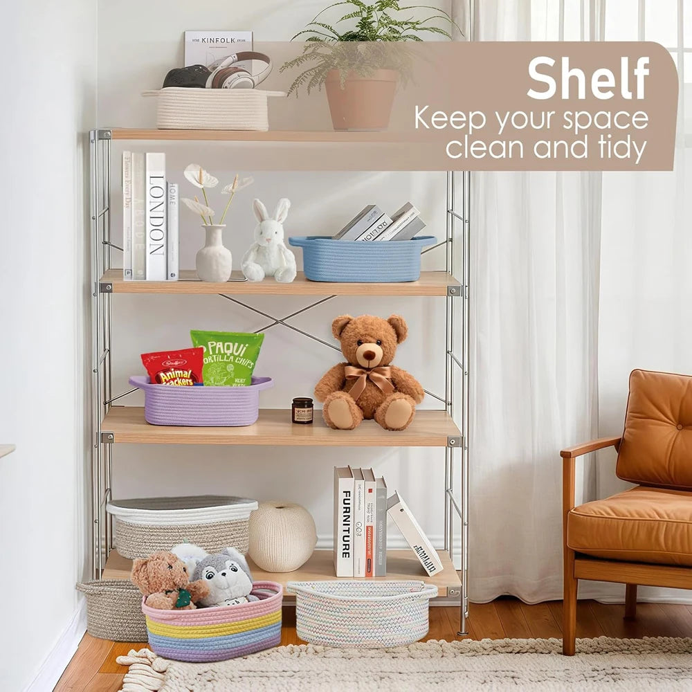 A shelf display featuring various storage baskets and books on a metal shelving unit.