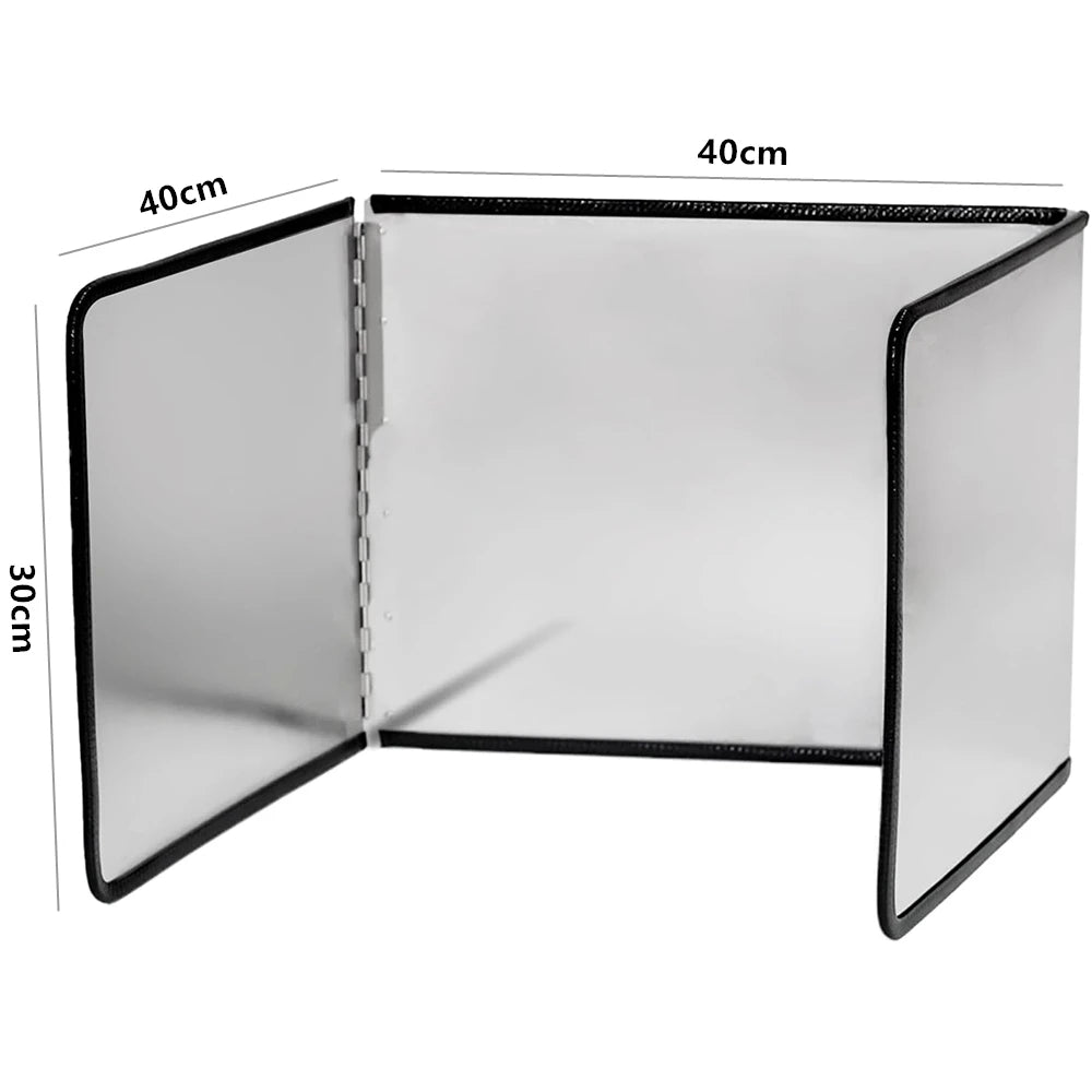 A foldable stainless steel oil splash guard for the stovetop, shown open with dimensions marked.