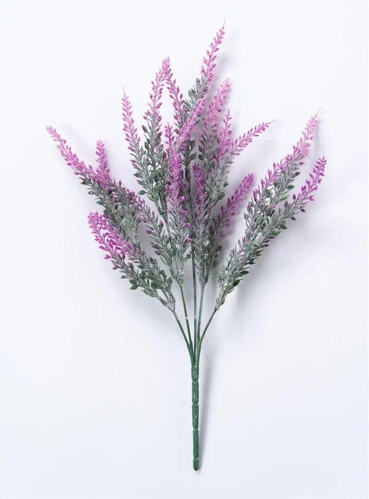 A sprig of artificial lavender flowers with purple spikes and silvery-green foliage.
