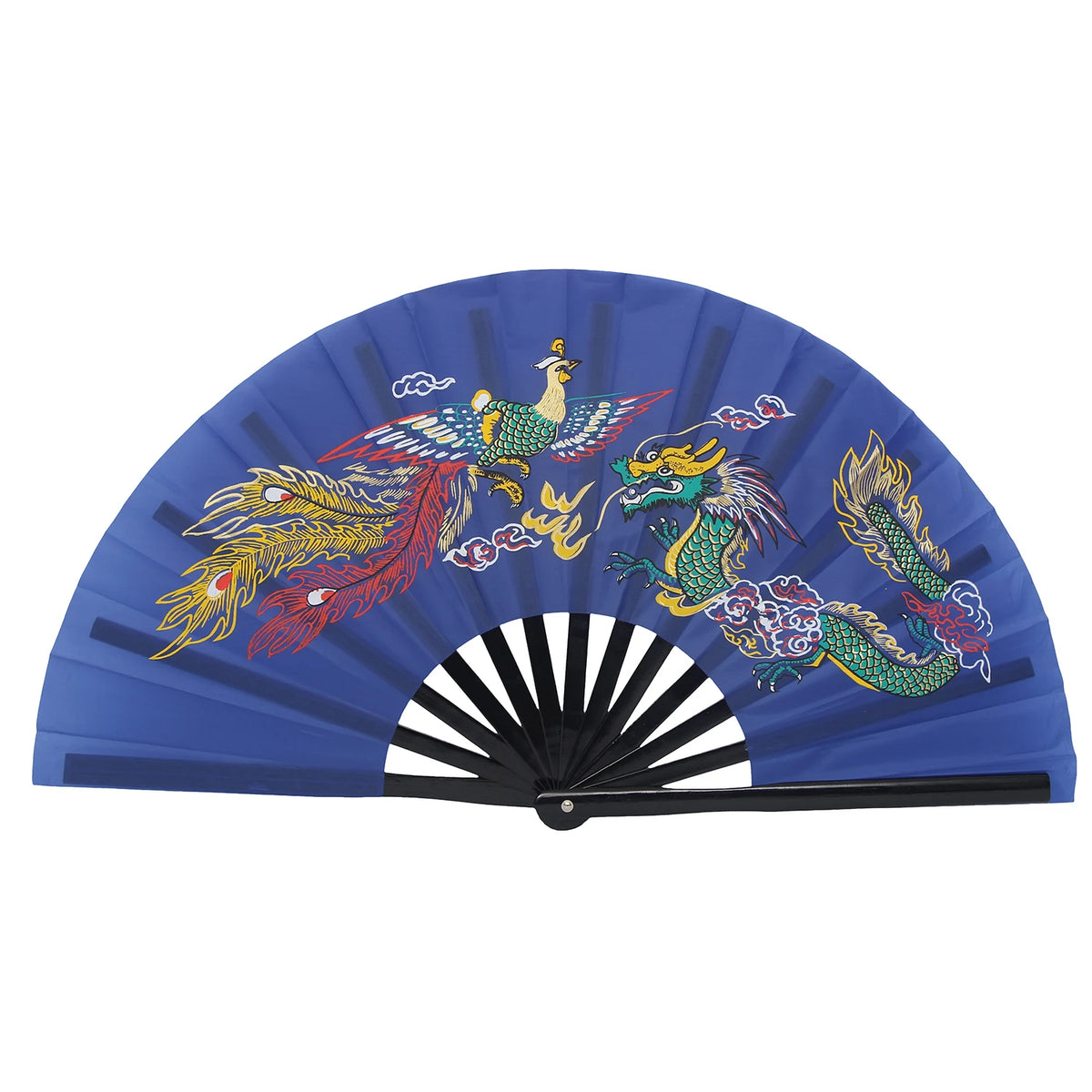 Un éventail de martial arts traditionnel en bambou bleu décoré de dragons et d'oiseaux colorés