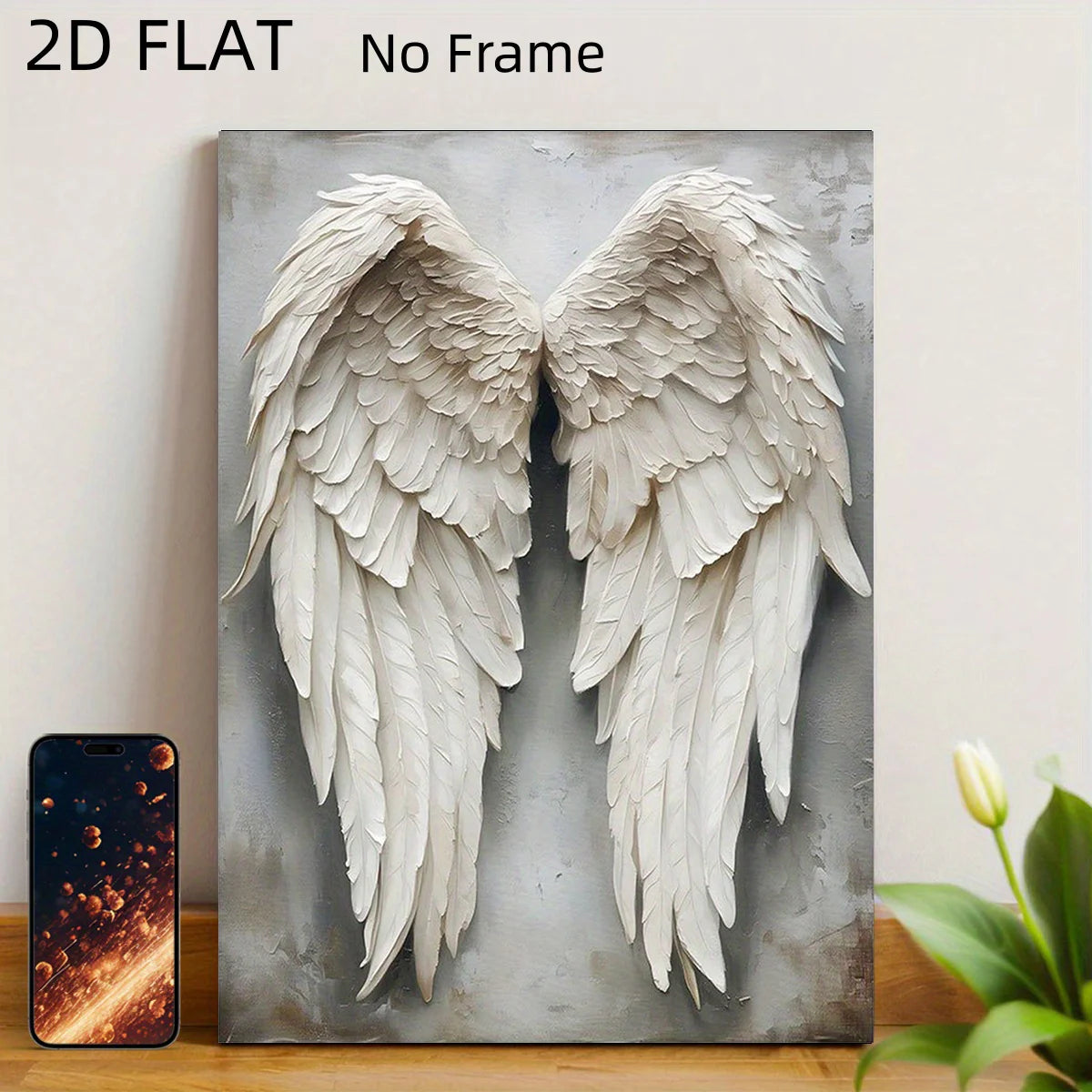 Œuvre d'art murale en toile plate, ailes d'ange blanches réalistes sur fond gris