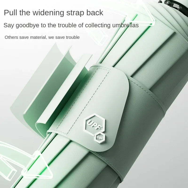 A close-up of a light green windproof sun umbrella strap being pulled back on a rolled product.