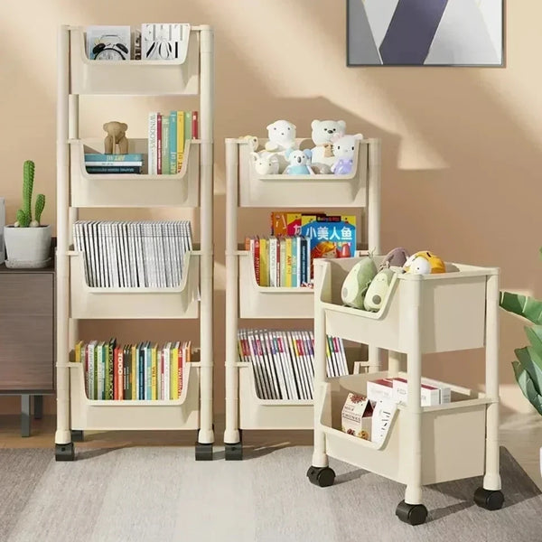 A multi-layer portable storage rack with wheels in a light beige color, featuring shelves for books and stuffed animals.