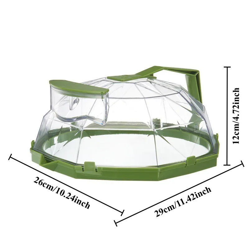 A clear microwave splatter cover with a green frame and water steamer component shown from above.
