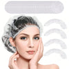 A woman is shown using disposable transparent shower caps, with several curved silicone caps displayed nearby.