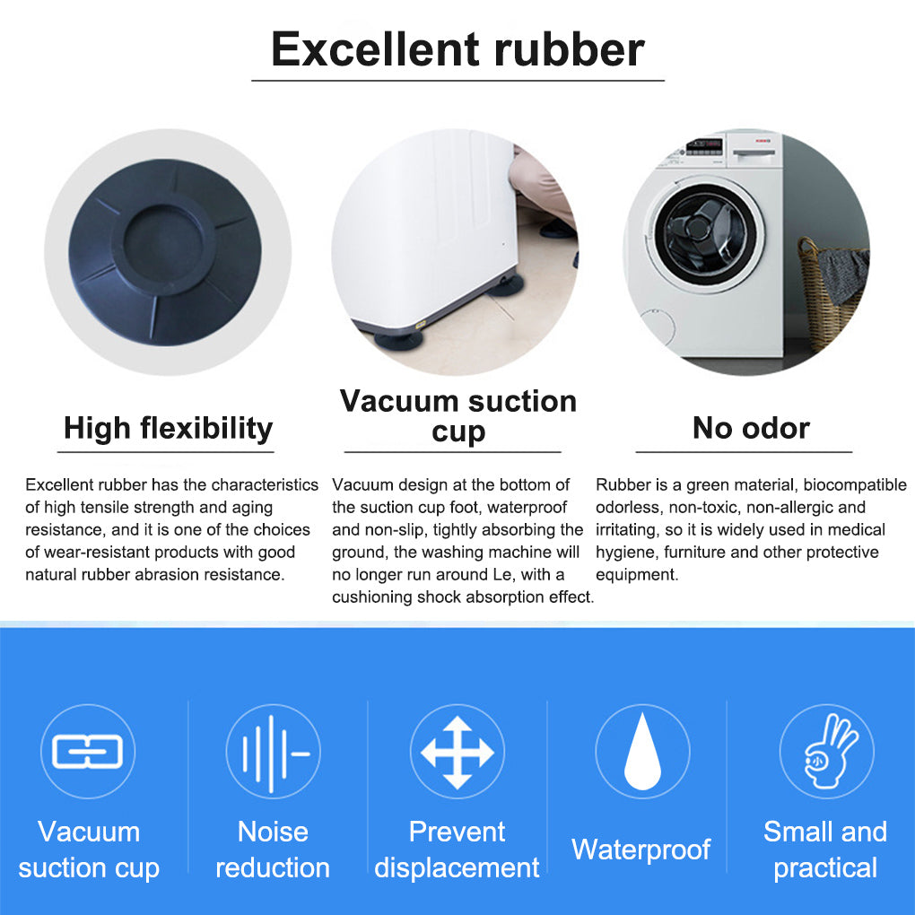 Anti-vibration rubber pads for washing machines and dryers showing features like high flexibility, vacuum suction cup, and wa